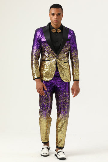 Men's 2 Piece Ombre Sequins Red Slim Fit Notched Lapel Prom Suits